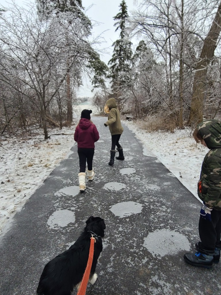 Photograph of icy path with dog and three children exploring.