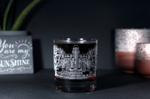 11 oz. whiskey glass engraved with hand-drawn Buffalo City Hall