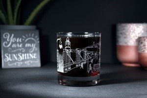 11 oz. Whiskey glass engraved with Police Station, Town Ballroom, and more.