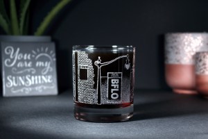 11 oz. Whiskey Glass engraved with brick wall and BFLO Sign on lamp post
