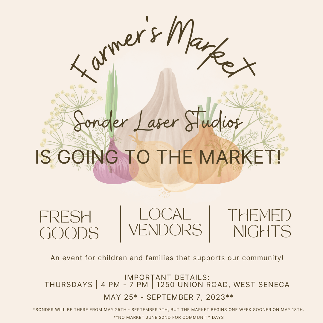 Graphic showing Farmer's Market Dates for 2023. Veggies are displayed with text giving details of pop-up dates. The Details: When: Thursdays, 4 pm - 7 pm, May 25 - September 7, 2023 (no market June 22nd) Where: 1250 Union Road, West Seneca, NY (By Town Hall/West Seneca Police Department)