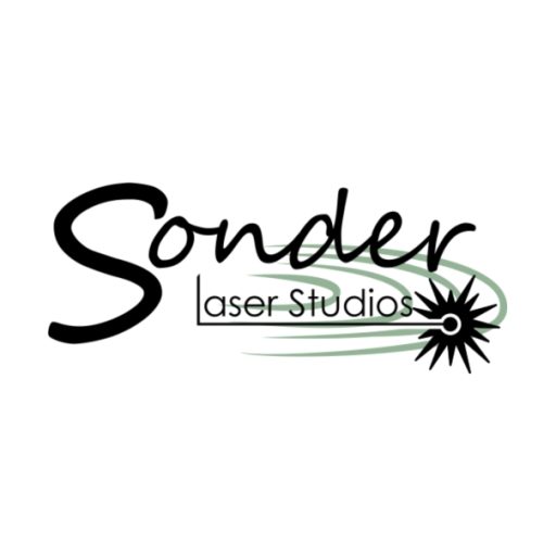 White background with black and green logo. Words are in black and read "Sonder Laser Studios.' There is a green ripple effect in the background.