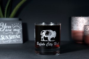 11 oz. custom engraved whiskey glass with a Buffalo (Bison) and "Buffalo City Hall" (Backside of glass)