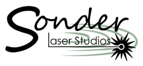 White background with black and green logo. Words are in black and read "Sonder Laser Studios.' There is a green ripple effect in the background.