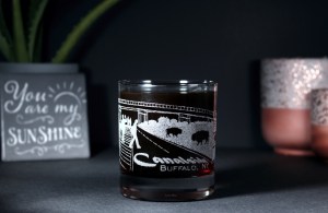 11 oz. whiskey glass engraved with scene from Canalside Buffalo